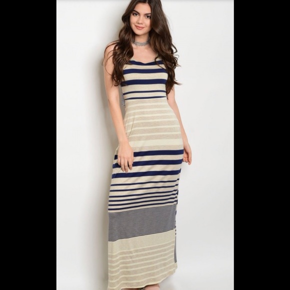 Dresses & Skirts - Navy Cream Tan Striped Jersey Dress!!